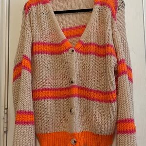 Striped Knit Button-Up Sweater - Orange and Pink